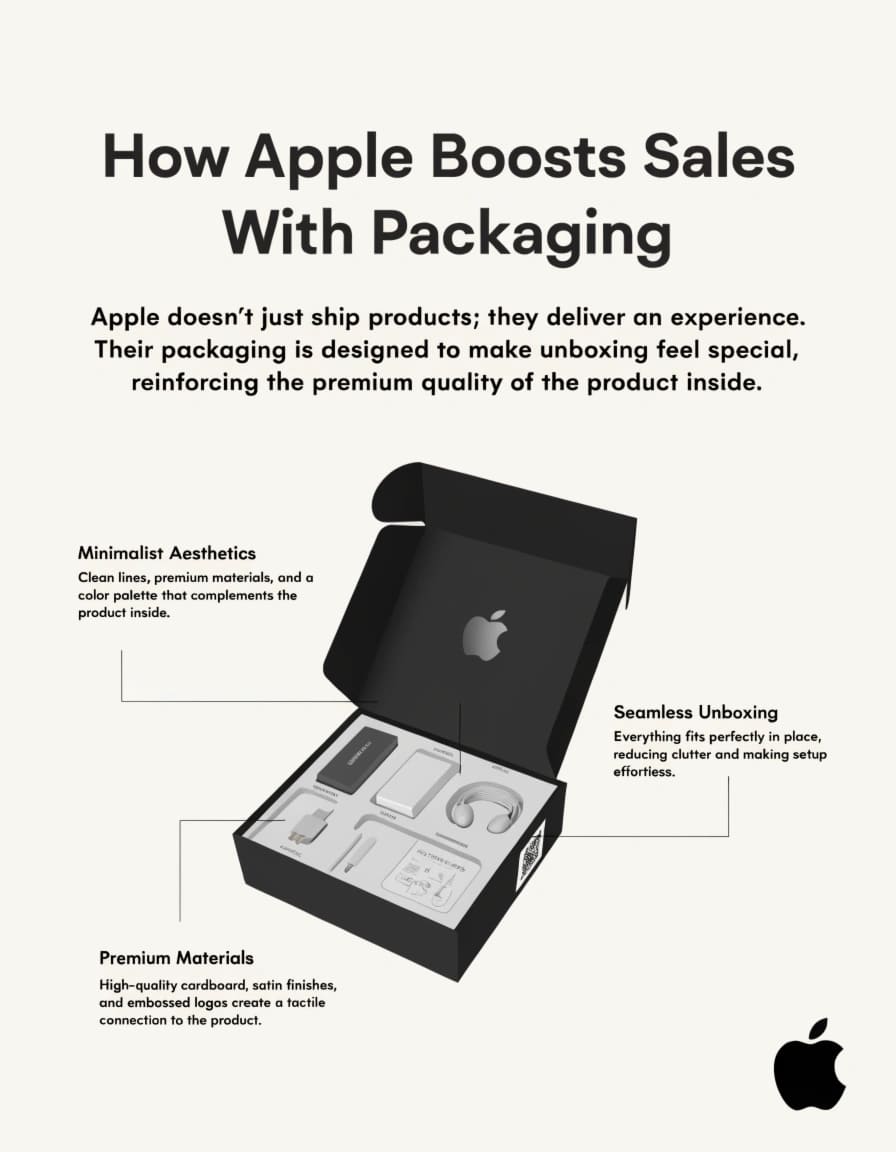 Minimalist Apple Packaging Design A collection of sleek, white Apple product boxes stacked neatly, showing minimalist design.