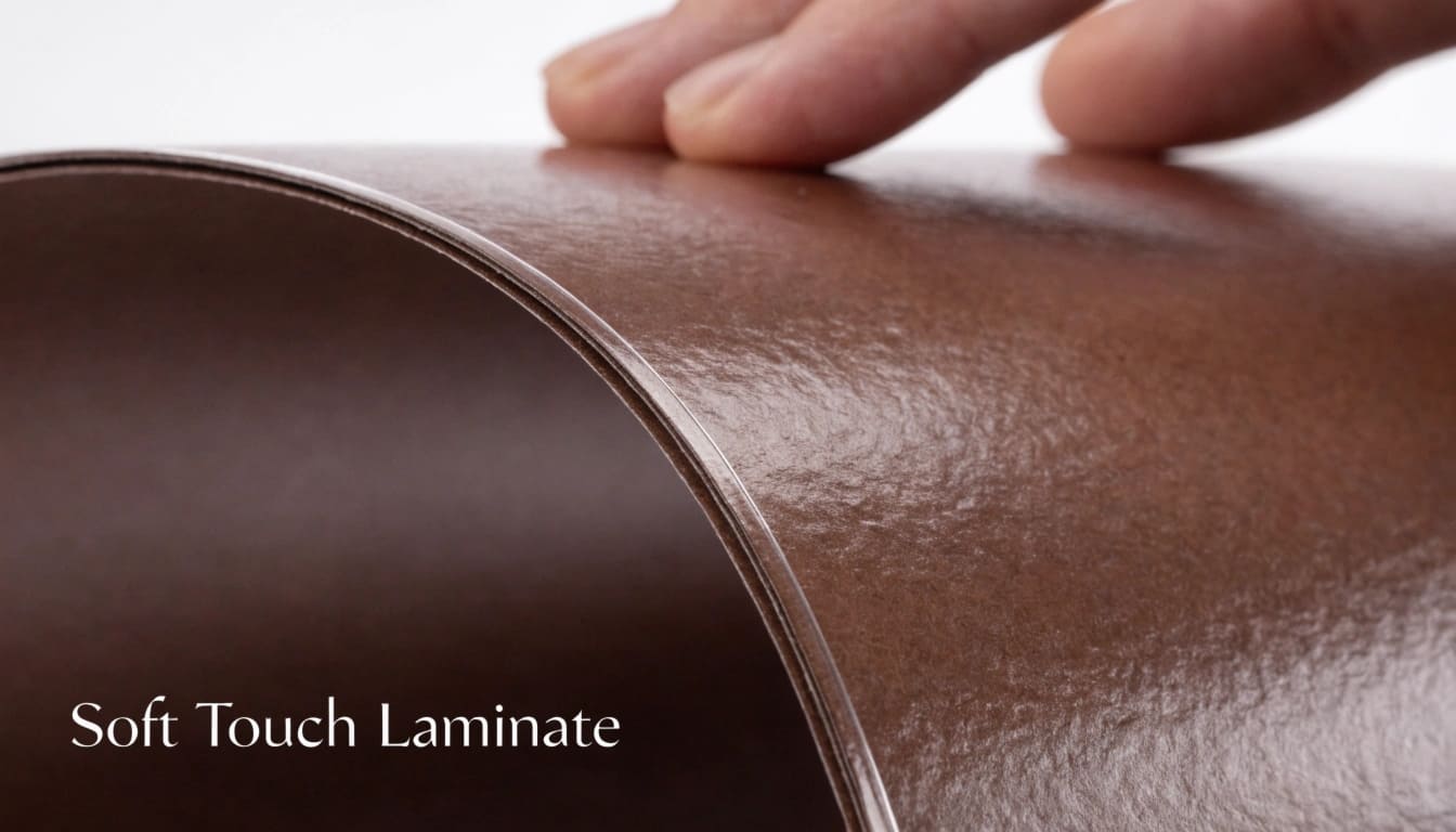 Luxury Feel of Soft Touch Laminate A close-up shot of a hand caressing the ultra-smooth, matte surface of a luxury cosmetic box with soft touch laminate.