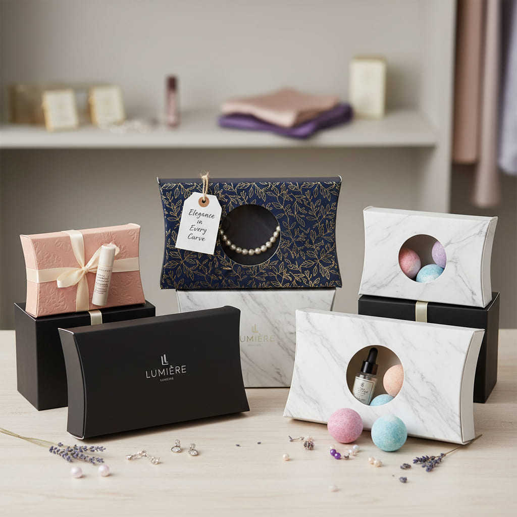 Custom Pillow Boxes A stack of stylish custom pillow boxes with elegant branding.