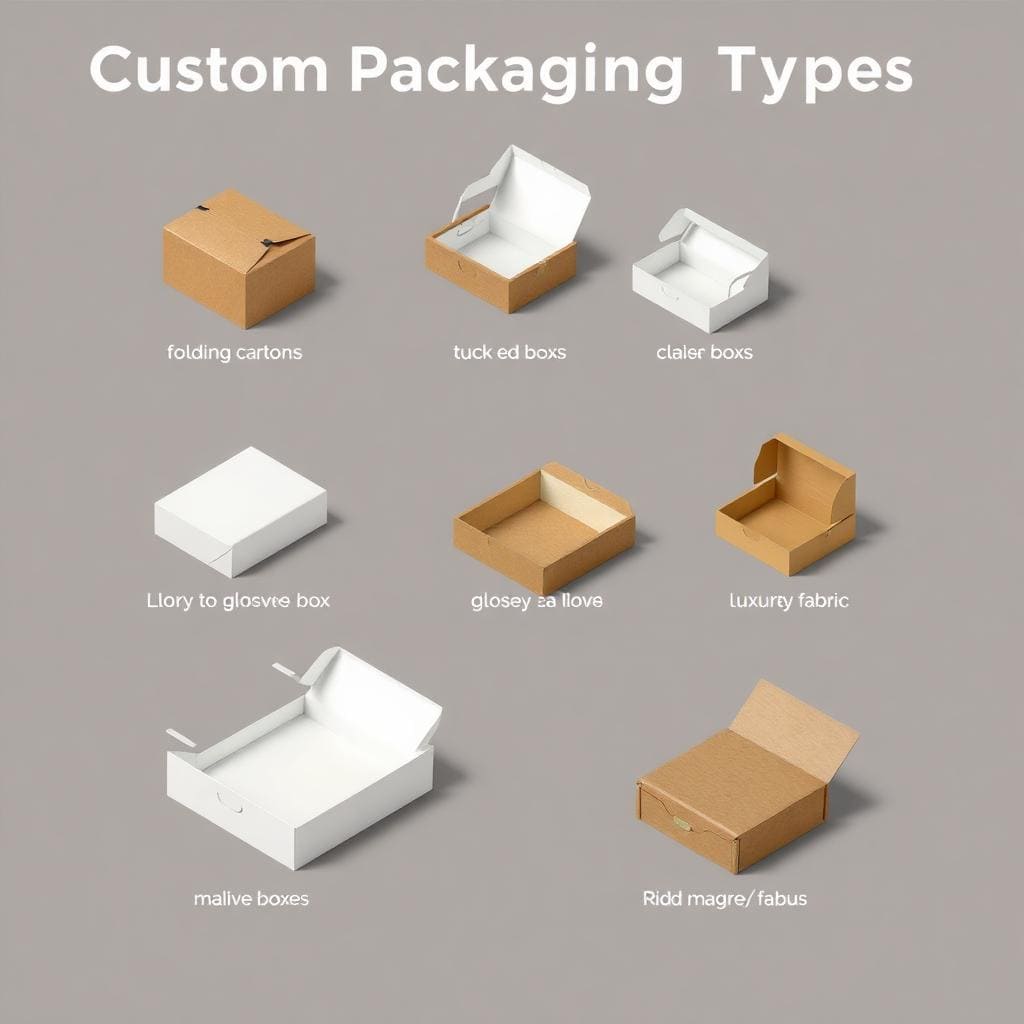 A display of different custom box types: a two-piece top and base box, a flat-packed folding box, and a luxurious magnetic box.