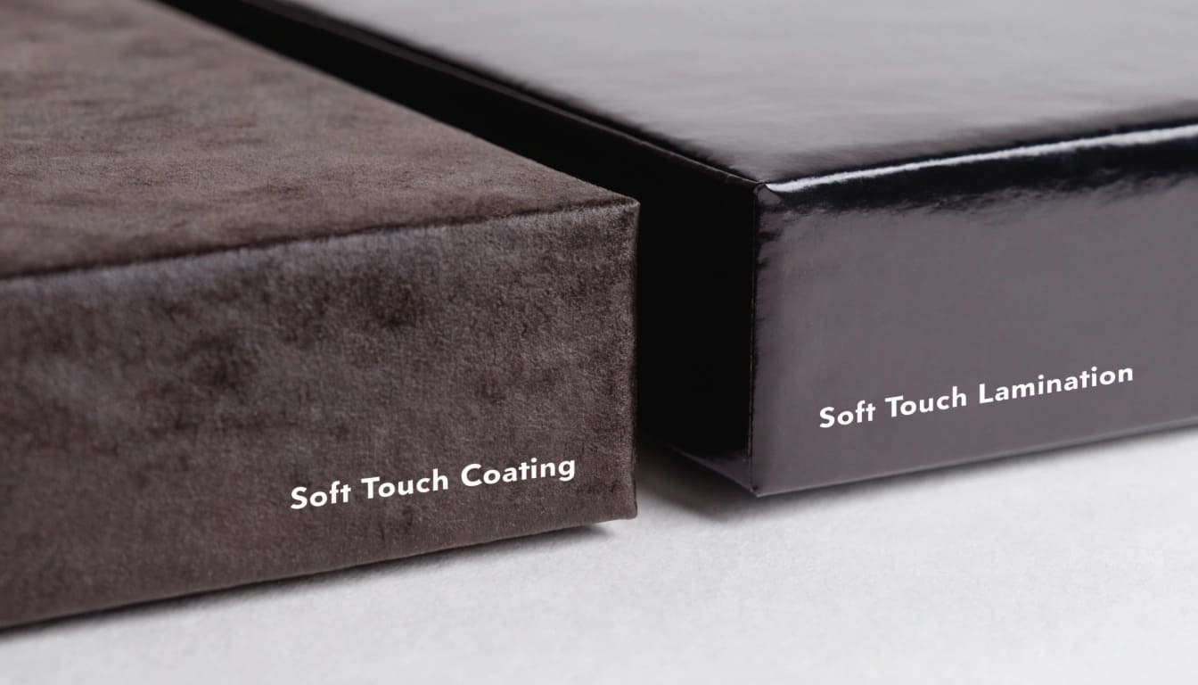 Soft Touch Lamination vs. Coating Comparison A side-by-side comparison of a box with a smooth soft-touch laminate and one with a slightly textured soft-touch coating.