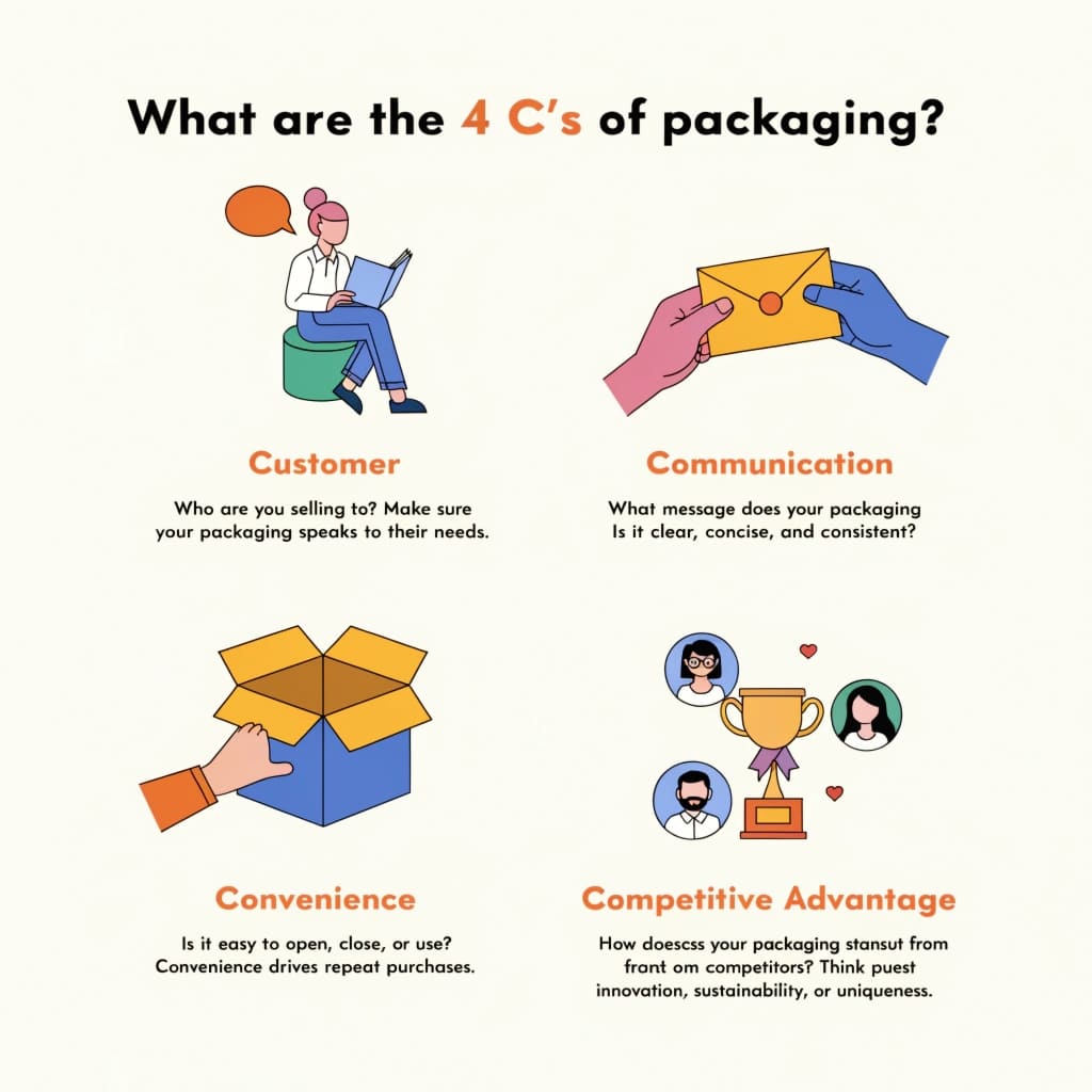 The 4 C's of Modern Packaging An infographic showing icons for Customer, Communication, Convenience, and Competitive Advantage.