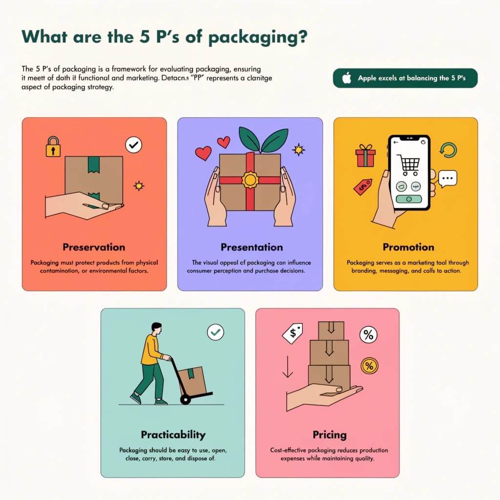 The 5 P's of Packaging Framework A diagram illustrating the 5 P's: Preservation, Presentation, Promotion, Practicability, and Pricing.
