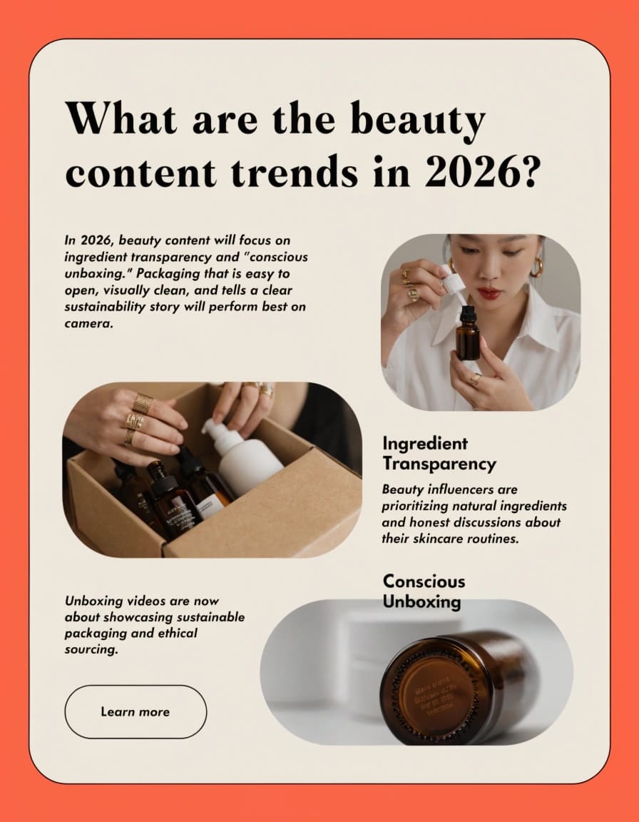 Beauty Content and Unboxing Trends 2026 An influencer unboxing a cosmetic product, showing the clean interior and recyclable materials to the camera.
