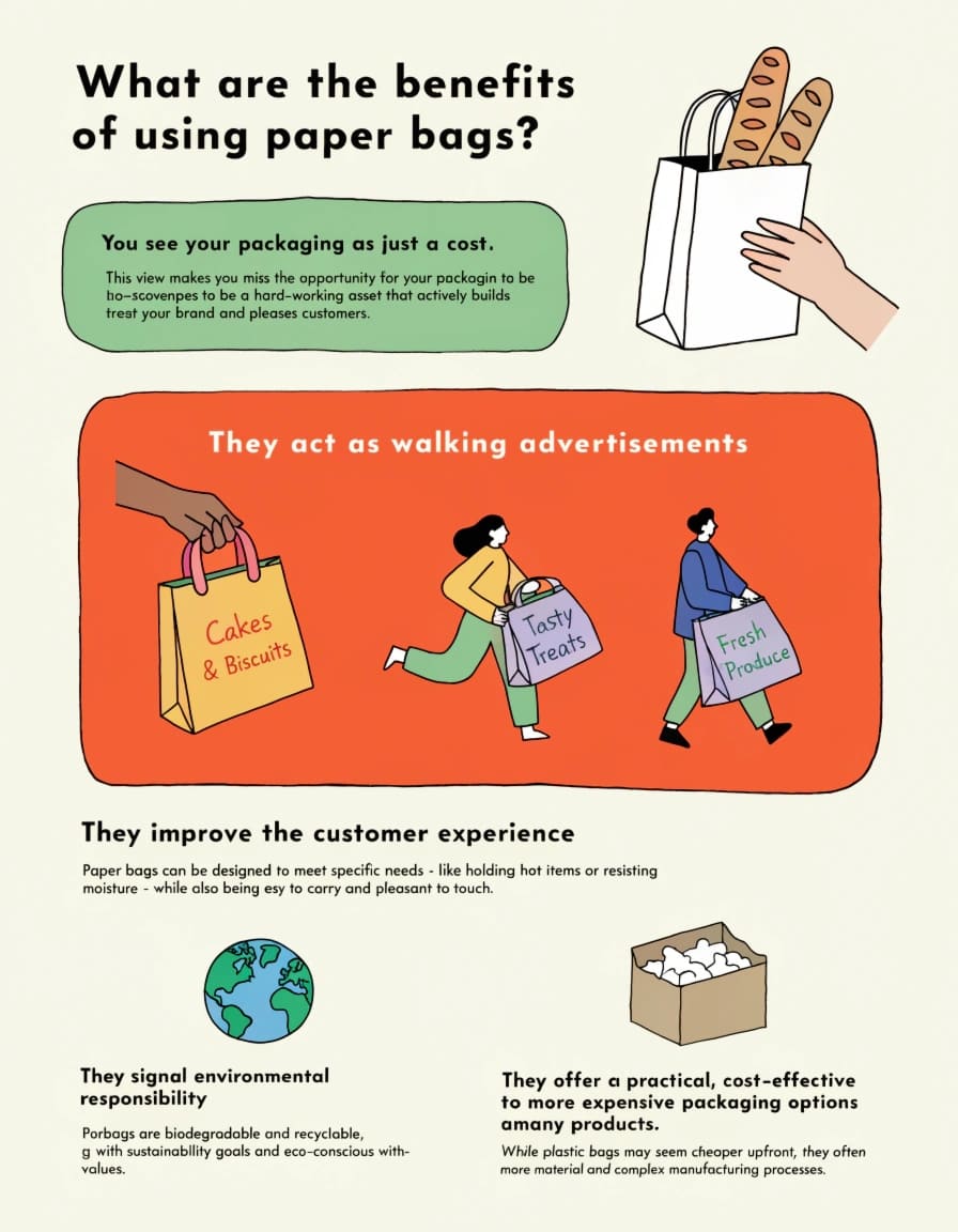 Custom Branded Paper Bags for Business A collection of stylish, custom-branded paper bags in various sizes and colors.