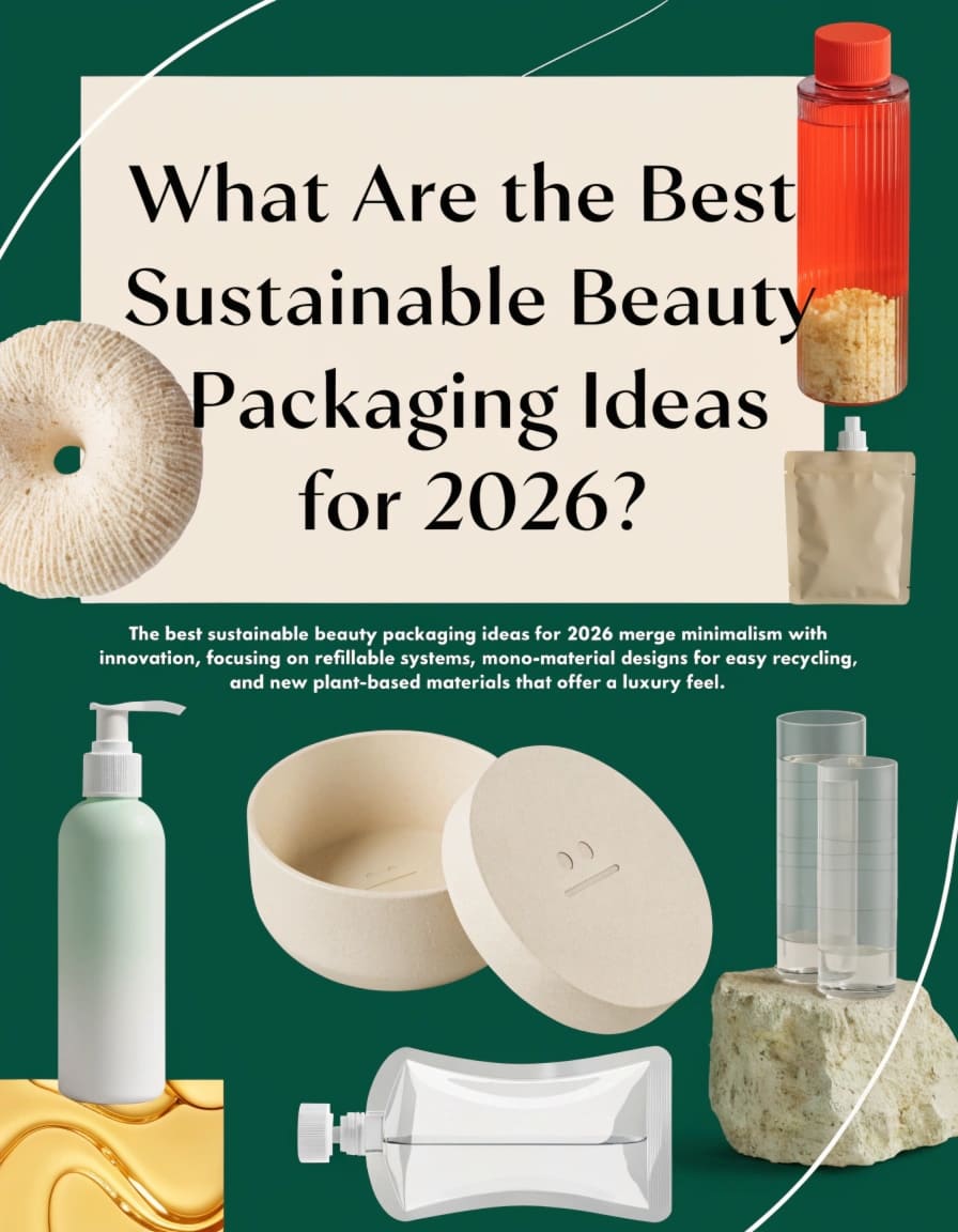 Sustainable Beauty Packaging Ideas for 2026 A collection of minimalist, sustainable cosmetic packaging including refillable jars and compostable boxes.