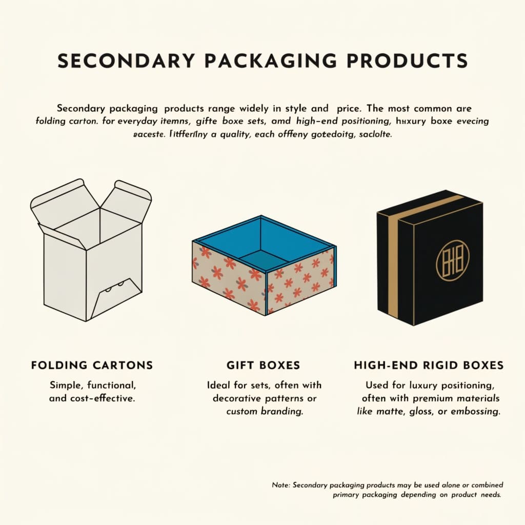 A lineup of three types of boxes: a simple folding carton, a nicer gift box, and a luxurious rigid box.