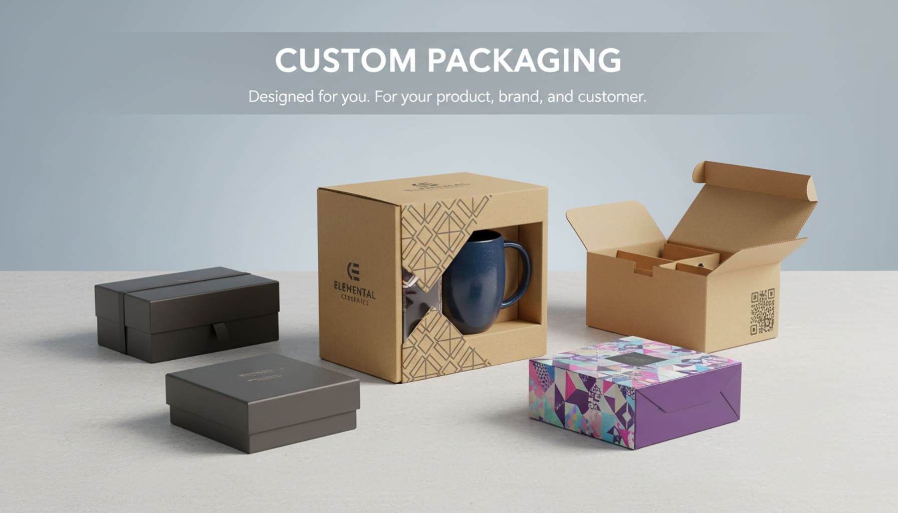 A designer's screen showing a 3D model of a custom box next to the finished physical product.