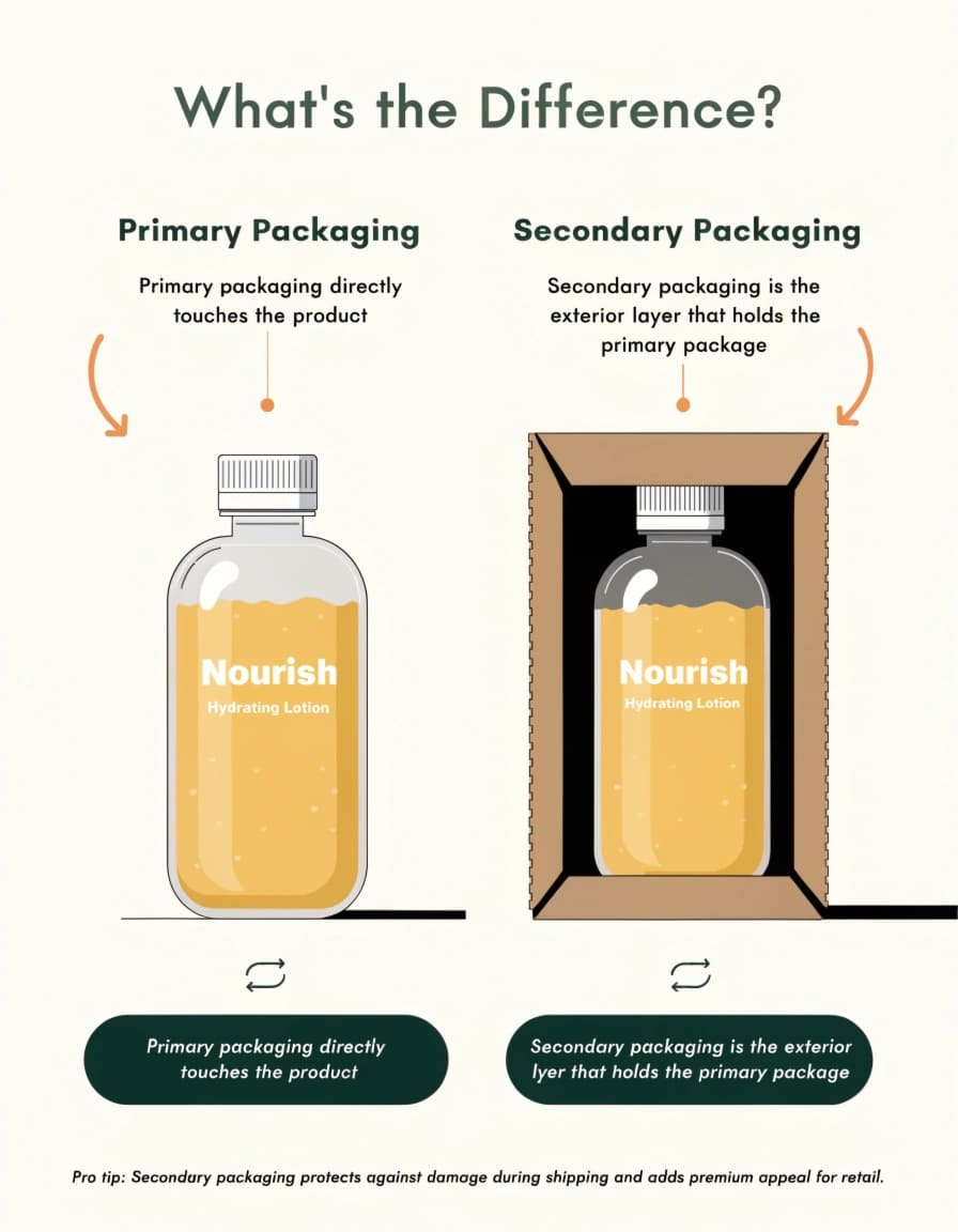 A diagram showing a bottle (primary packaging) being placed into its corresponding box (secondary packaging).