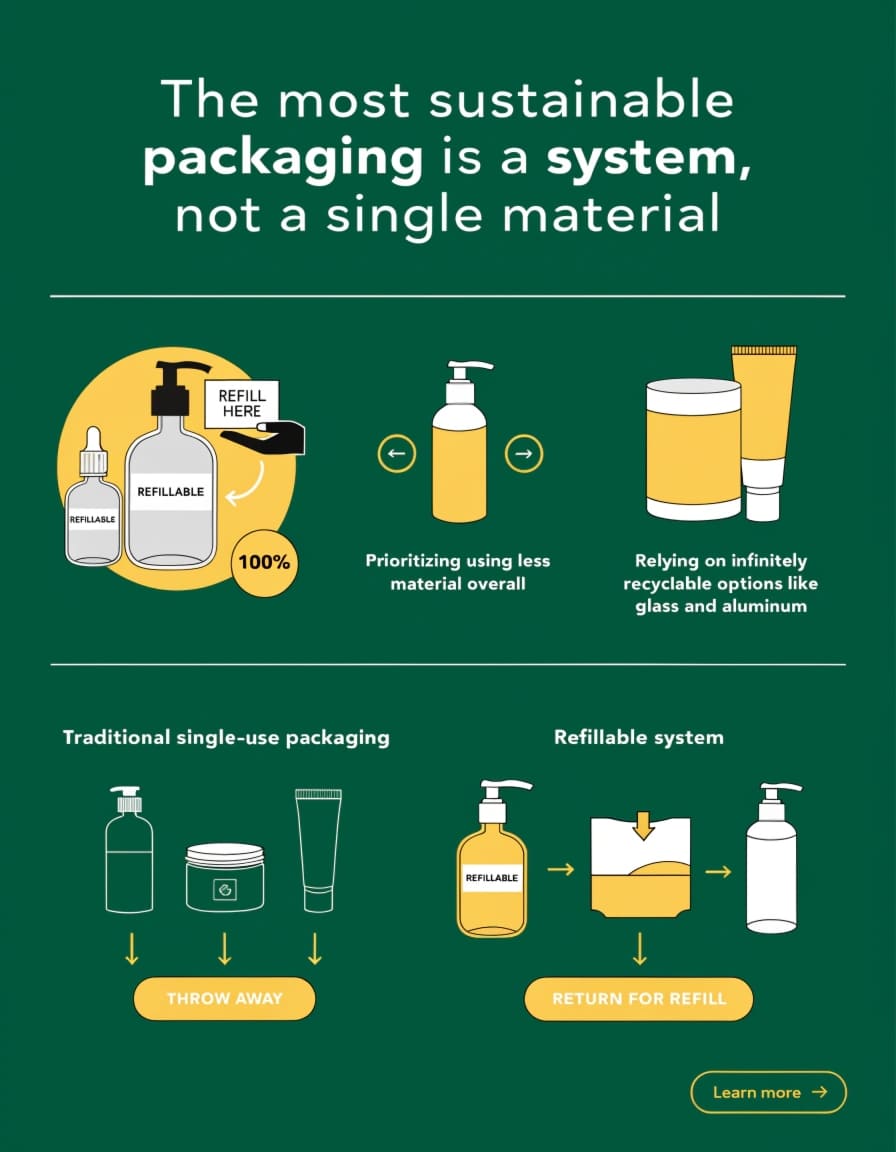 The Most Sustainable Cosmetic Packaging System A refillable glass cosmetic jar being topped up from a simple aluminum pouch.
