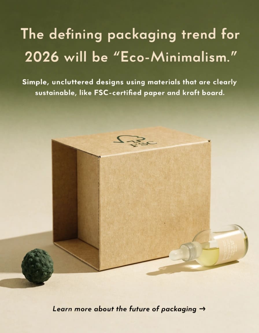 Eco-Minimalism Packaging Trend 2026 A simple kraft paper cosmetic box next to a clean, white FSC-certified box, both with minimal black text.