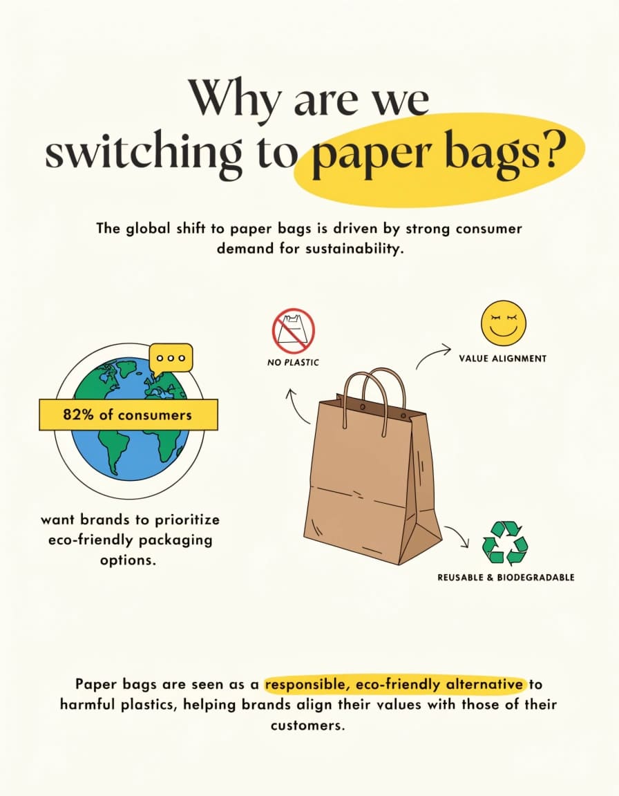 Paper Bag vs. Plastic Bag A side-by-side comparison of a flimsy plastic bag and a sturdy, elegant paper bag.