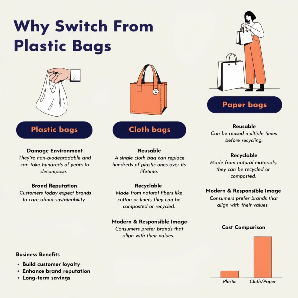 Environmental Impact of Plastic vs. Paper Bags A split image showing a polluted ocean with plastic bags versus a clean park with people using paper and cloth bags.