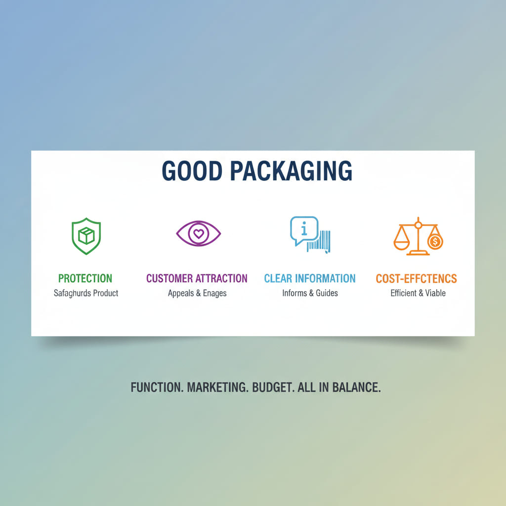 The 5 P's of Packaging A diagram showing the 5 P's of packaging radiating from a central product box.