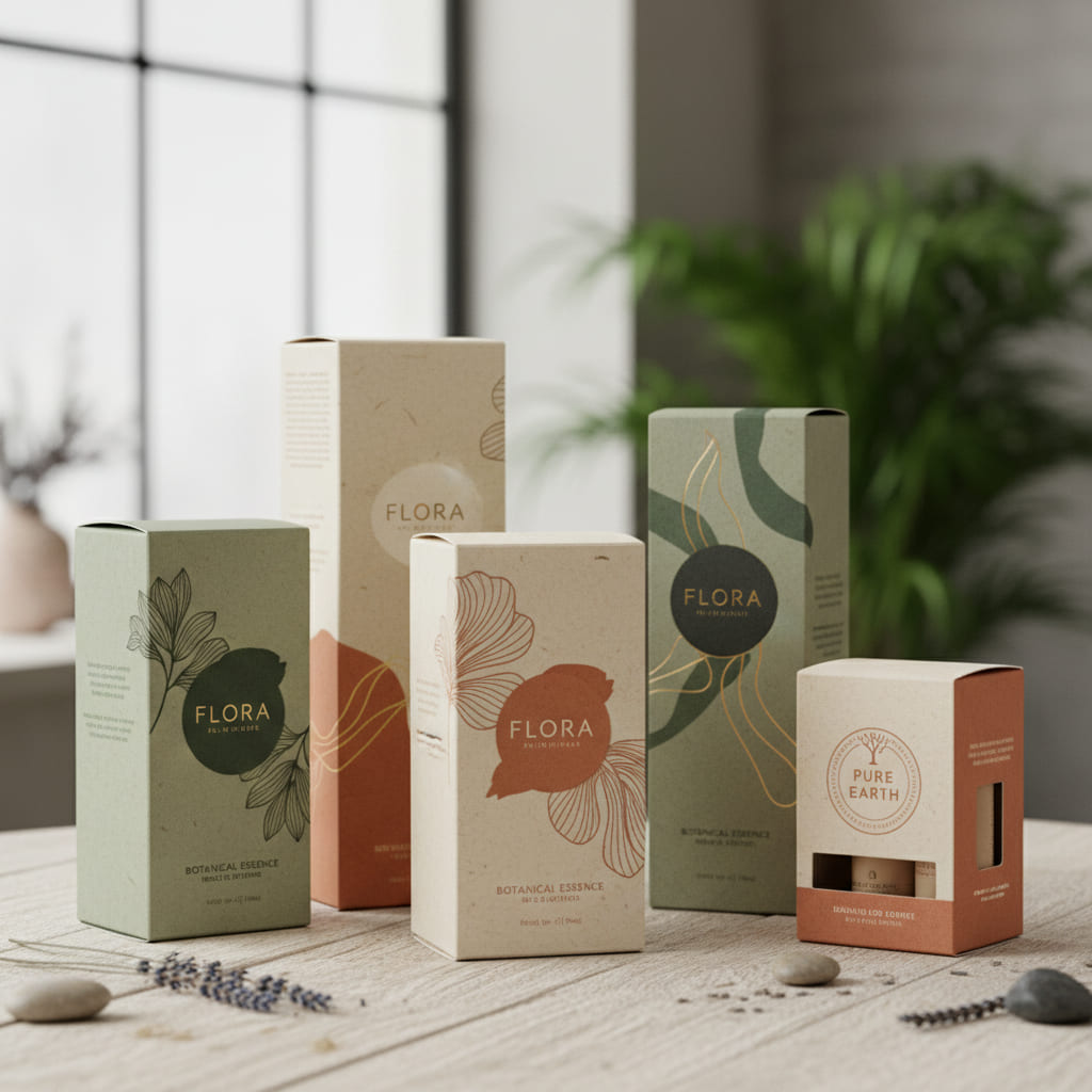 Sustainable Cosmetic Packaging A collection of elegant cosmetic boxes made from textured, unlaminated paper.