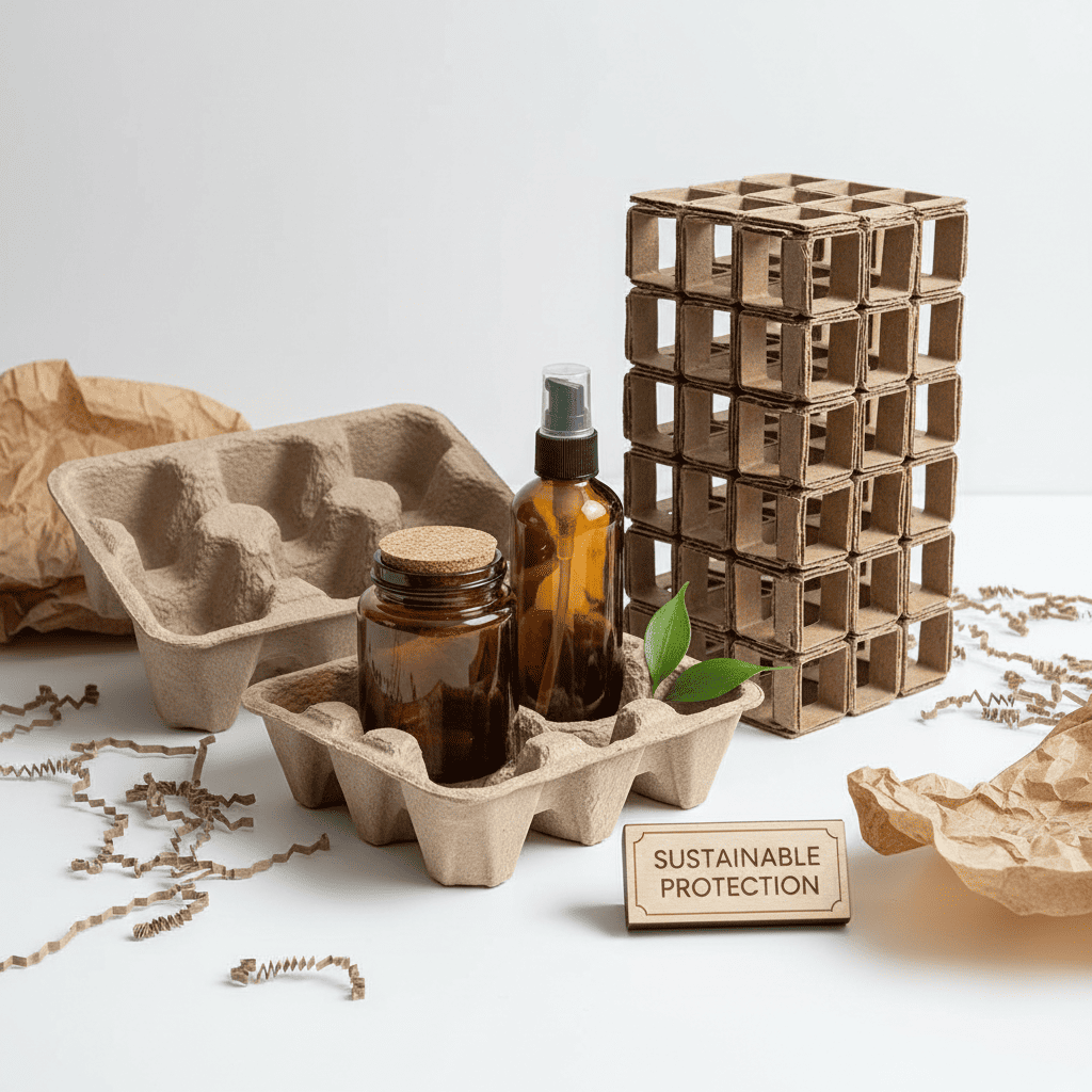 Sustainable Packaging for Fragile Items A glass cosmetic jar nested securely in a custom-molded pulp insert inside a box.