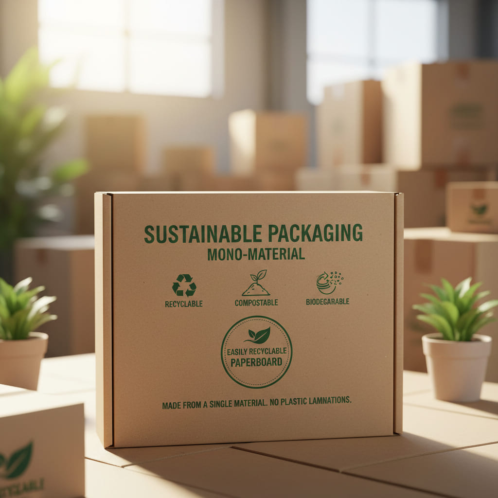 Making Packaging More Sustainable A before-and-after image showing a box with plastic lamination next to one without.
