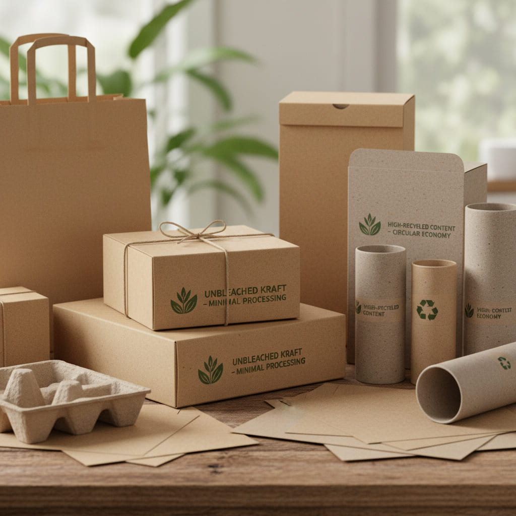 Eco-Friendly Paper Packaging A lush, managed forest with a symbol showing responsible sourcing for paper.