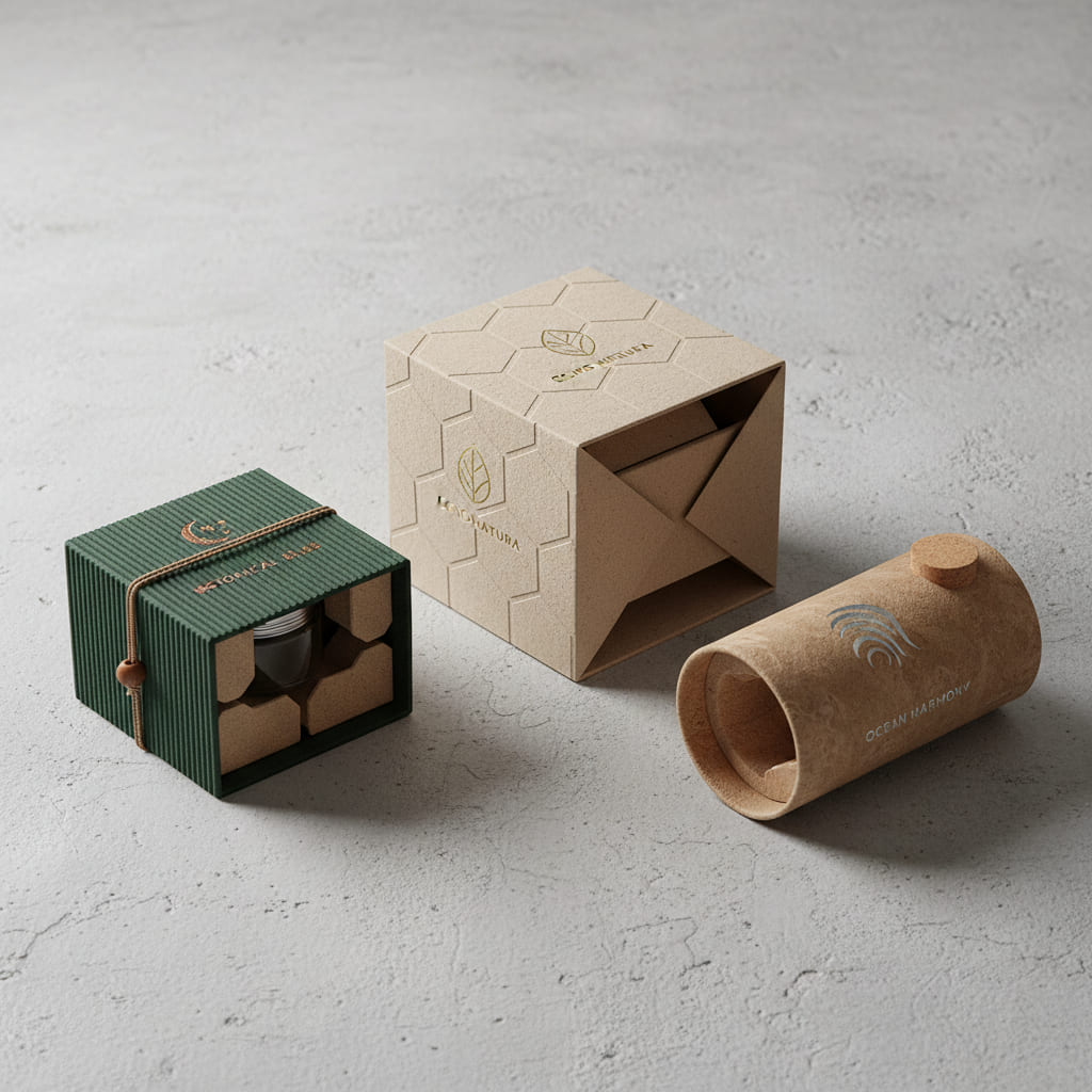 Sustainable Packaging Ideas A close-up of a debossed logo on heavily textured, recycled paper stock.