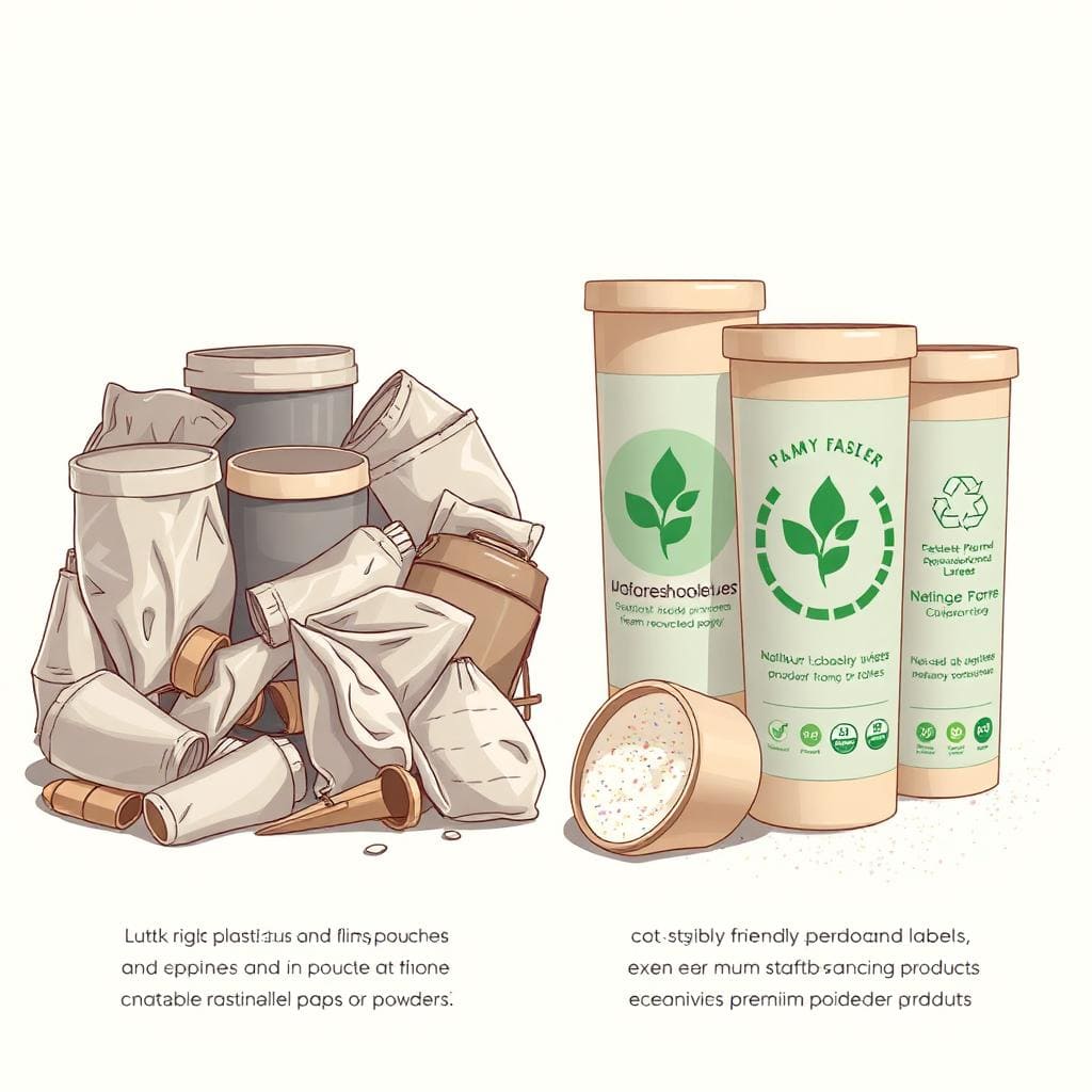 Paper Tube Packaging for Powder A stylish paper tube for powder next to a pile of the powder it contains.