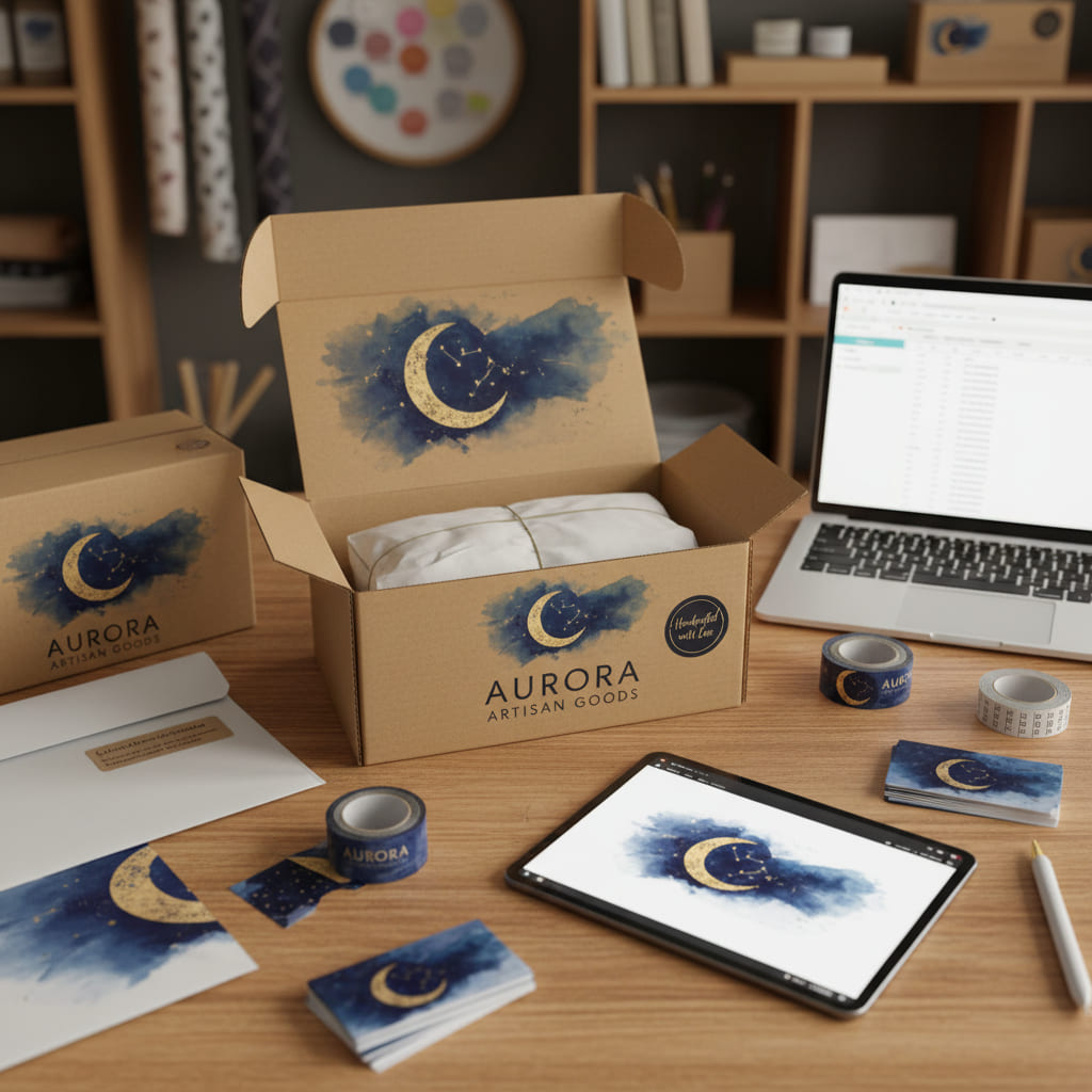 A small business owner proudly packing their product into a new custom-branded box.