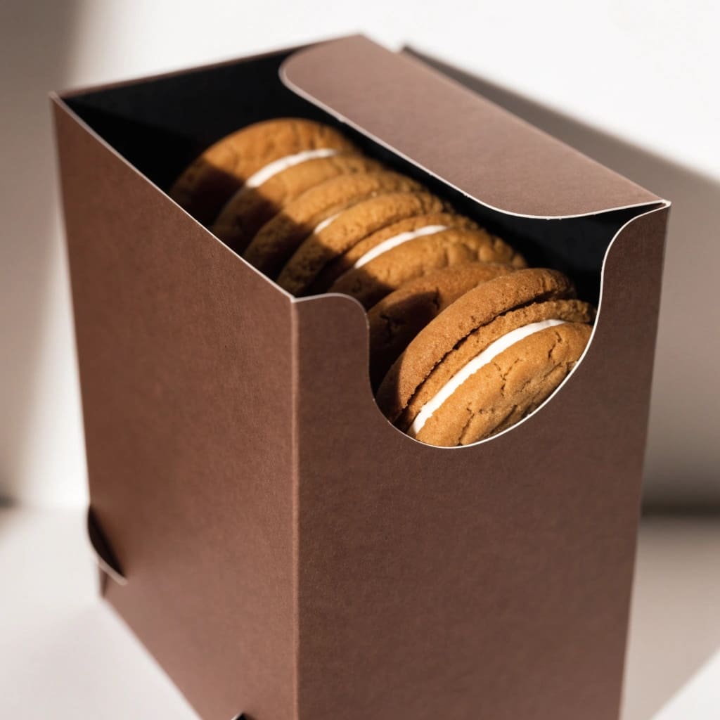 A close-up of a cookie box showing an FSC logo and a food-safe symbol alt with keywords